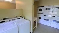 This single-floor laundry facility is designed with practicality and efficiency in mind, providing a straightforward and functional environment for everyday laundry tasks. The room is finished with neutral, light-yellow walls that contribute to a clean and utilitarian atmosphere.

The space is equipped with multiple top-loading washing machines positioned along one wall, accompanied by a built-in folding counter that offers a convenient surface for sorting and folding laundry. On the opposite side, stacked washer and dryer units maximize the use of vertical space, increasing the overall capacity of the facility without expanding its footprint.

The flooring is a durable, speckled composite material well-suited for a high-traffic utility space. A structural dividing column adds a subtle sense of organization to the room, naturally separating the washing and drying areas. A "No Smoking" sign is posted prominently, indicating a policy maintained for the comfort and safety of all users.

The layout is thoughtfully arranged to allow users to move efficiently between machines and the folding station. Overall, this laundry facility is a well-equipped, no-frills communal space that prioritizes functionality and ease of use.