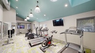 Located at 2645 Stone Creek Dr in Sacramento, CA, this fitness facility offers a thoughtfully designed space for residents to pursue their health and wellness goals. The single-floor layout is divided into an exercise room and a living/lounge area, together creating a comprehensive fitness environment.

The exercise room is the heart of the facility, featuring striking teal-painted ceilings that add a bold pop of color against the light gray walls. Large pendant lights hang overhead, complementing the recessed lighting to keep the space bright and energizing. A wall-mounted flat-screen TV provides entertainment during workouts. The room is outfitted with a variety of cardio equipment, including treadmills, ellipticals, and stationary bikes, as well as a dedicated strength and stretching area with a weight bench and exercise balls. Exposed ductwork and large windows allow natural light to filter in, enhancing the open, airy atmosphere. The distinctive geometric, multi-toned carpet in shades of gray, white, and yellow-green ties the room together with a modern aesthetic.

An adjacent flex/living area connects seamlessly through glass doors and features soaring ceilings, a vibrant abstract art piece, and the same patterned flooring, making it ideal for stretching, yoga, or group activities. The overall ambiance is clean, modern, and motivating.