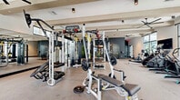 Located at 526 Vistera Blvd in Venice, Florida, this professionally equipped fitness center offers a comprehensive, single-floor layout designed to support a wide range of workout routines. The space is organized into distinct functional zones, each thoughtfully designed for a specific type of training.

The strength training area is anchored by a MotionCage multi-functional cable machine, a squat rack with Olympic barbell, weight benches, and an extensive dumbbell and accessory rack stocked with kettlebells, resistance bands, medicine balls, and TRX suspension trainers. Floor-to-ceiling mirrors along one wall enhance the sense of space and support proper form.

The cardio zone lines the floor-to-ceiling windows, where treadmills, ellipticals, stair climbers, a rowing machine, and air bikes are arranged to take full advantage of views of palm trees and the surrounding outdoor amenity area. Wall-mounted TVs accompany each station for entertainment during workouts.

A dedicated spin room provides a focused cycling experience, outfitted with studio-style bikes and framed by large windows overlooking a landscaped courtyard. An open functional training area features a power rack, rubber flooring, and a living moss accent wall, contributing both a natural aesthetic and a dynamic training environment.

Throughout, exposed beam ceilings, large ceiling fans, modern pendant lighting, and a neutral color palette create a clean, motivating atmosphere suited for daily fitness routines.