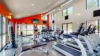 This fitness center is designed to provide a comprehensive and motivating workout environment. The space is defined by soaring vaulted ceilings with exposed industrial-style ductwork, lending the room a modern, open-air aesthetic. Large floor-to-ceiling windows line multiple walls, flooding the interior with natural light and offering views of the surrounding greenery, creating an inviting atmosphere throughout the day.

A bold orange accent wall serves as the visual centerpiece of the space, adding energy and character to the interior. The polished concrete floors are both durable and sleek, complementing the overall contemporary design. Full-length mirrors along one wall enhance the sense of space and provide functional visibility for workout form.

The cardio zone is well-appointed with multiple treadmills, elliptical machines, and upright stationary bikes, several of which are equipped with individual monitors. A wall-mounted flat-screen television adds to the experience during cardio sessions. The strength training area includes a cable machine, a dumbbell rack with a full range of weights, and adjustable benches, providing ample options for resistance training. Recessed lighting and pendant fixtures ensure the space is well-lit at all times. Direct access doors connect the fitness center to the outdoors, further enhancing ventilation and convenience.