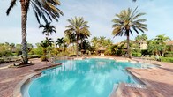 This single-story outdoor amenity space offers a resort-style atmosphere defined by lush tropical landscaping and thoughtfully designed gathering areas. At its centerpiece is a generously sized freeform swimming pool with clear, blue water, framed by a wide brick paver pool deck that invites relaxation. Entry points with metal handrails provide easy access into the pool, which features clearly marked depth indicators along its edges.

Towering palm trees and a variety of tropical plantings surround the space, creating a sense of seclusion and natural beauty. The mature canopy of palms casts dappled shade across the deck, enhancing the outdoor ambiance throughout the day.

The patio area is well-appointed with multiple seating arrangements, including a dining table with chairs shaded by a warm-toned market umbrella, as well as rows of reclining lounge chairs positioned to take in the sun and scenery. Covered gazebo structures are visible in the background, offering additional shaded retreat options for guests.

The adjacent building, finished in a warm stucco exterior with large windows, complements the tropical setting and suggests an interior clubhouse or facility. The overall atmosphere is bright, airy, and inviting, capturing the essence of a well-maintained Florida-style outdoor community amenity area.