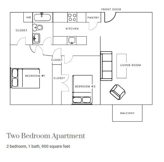 2 Bedroom, 1 Bathroom - 900 SF - Center City Apartments