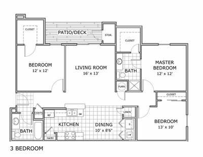 Plano de planta de tres habitaciones - Cedar Place Apartments - C