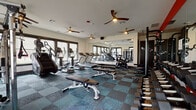 Located at 653 Amherst Road in Sunderland, MA, this fitness center is a comprehensive, single-floor facility designed to accommodate a wide range of workout styles and fitness goals. The space is organized into distinct training zones, each thoughtfully outfitted and finished to create a motivating environment.

The cardio zone features a lineup of treadmills, ellipticals, and stair climbers positioned along large, dark-framed windows that invite ample natural light and views of the surrounding neighborhood. Ceiling fans throughout the main area provide consistent airflow, while full-length mirrors along the walls enhance the sense of space and allow users to monitor their form.

The strength training area is defined by bold red accent walls that lend an energetic atmosphere. It is stocked with an extensive rack of dumbbells in graduated weights, a power rack, and adjustable benches, making it well-suited for both beginners and advanced lifters.

A separate functional training room offers a distinct aesthetic, with teal accent walls, teal LED ambient lighting, and wood-look flooring. This area houses suspension training systems, a tire, medicine balls, battle ropes, and wall-mounted storage racks — ideal for high-intensity and cross-training workouts.

Additional cable and weight machines are positioned near the windows, maximizing natural light across the workout floor. The patterned carpet tiles throughout the main area add visual interest while providing practical underfoot cushioning.