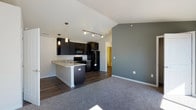 This single-floor residence showcases a contemporary design with vaulted ceilings that amplify the sense of openness throughout the main living area. The open-concept layout seamlessly connects the living room and kitchen, where dark espresso cabinetry reaches toward the ceiling, providing ample storage. Granite countertops extend across the kitchen surfaces and wrap around a peninsula with an undermount sink, illuminated by pendant lighting overhead. Black appliances, including a range, microwave, and refrigerator, complement the bold cabinetry. Wood-look flooring runs through the kitchen and entry areas, while plush carpet covers the living and bedroom spaces.

A accent wall in muted gray-blue adds a design focal point to both the living area and bedroom. The bedroom is generously proportioned, featuring direct access to a private balcony through glass doors, a second window that draws in natural light, and a walk-in closet. The bathroom includes a full tub and shower combination with chrome fixtures, a dark vanity with a sink, and stone-look tile flooring that also appears in the hallway.

A stacked washer and dryer unit is conveniently housed in a dedicated closet, adding practical in-unit laundry access to this well-appointed space.