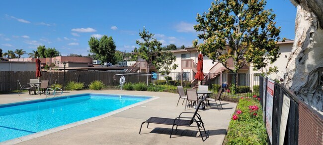 Piscina cristalina y solárium en Plaza Verde Apartments en Escondido, California. - Plaza Verde