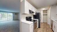 This single-floor residence is designed with a practical and clean layout. The galley-style kitchen is a notable highlight, featuring crisp white shaker cabinetry with brushed nickel hardware, light quartz countertops, and wood-look vinyl plank flooring. It is equipped with a stainless steel electric range, a built-in range hood, and a stainless refrigerator. A stainless sink with chrome faucet sits along the opposite wall, and a walk-in pantry closet provides generous storage at the end of the kitchen corridor.

The spacious living area is carpeted and filled with natural light from a large sliding glass door that opens onto a private balcony with an exterior railing. A wall-mounted air conditioning unit and baseboard heating serve the space. The open layout provides flexible room for various furniture arrangements.

The bedroom is carpeted and comfortably sized, with a window that allows natural light and a sliding-door closet with built-in shelving and hanging rods. A second closet space is also visible near the kitchen entry.

The bathroom features white tile flooring, a white vanity with shaker-style cabinetry, a large mirror, and a full tub-shower combination. The overall palette throughout the unit is neutral and light, contributing to a clean, move-in-ready ambiance.