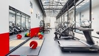 Located at 1308 Roseneath Rd in Richmond, VA, this fitness center is designed to support a comprehensive range of training disciplines under one roof. The main workout floor is defined by dramatic soaring ceilings with an expansive skylight roof structure, flooding the space with abundant natural light and creating an open, energizing atmosphere. Exposed industrial framework and clean white walls contribute to a modern aesthetic, while bold red accent walls add visual energy throughout.

The cardio zone features a long row of FreeMotion treadmills and StairMaster cycling bikes equipped with digital screens, positioned along full-length mirrors that enhance the sense of space. Adjacent to this, a dedicated weightlifting area offers a full rack of dumbbells, adjustable benches, and Life Fitness cable machines for strength training. Olympic lifting platforms with colorful bumper plates and barbells provide a purpose-built space for functional lifts.

A separate auxiliary area, finished with plush carpet tile flooring, houses a RAX multi-functional storage system stocked with medicine balls, kettlebells, resistance bands, and battle ropes, alongside a rowing machine and stability ball rack. An additional open room with curved walls and carpeted flooring serves as a flexible studio space for stretching or group exercise. Together, these zones create a fully equipped, professionally appointed fitness facility.