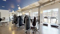 This well-appointed fitness center occupies a single open floor, designed to accommodate a comprehensive range of workout activities. The space is defined by soaring ceilings with exposed ductwork and structural elements, lending it an industrial character that is balanced by clean white walls and warm wood-look flooring throughout.

A striking navy blue ceiling accent delineates one section of the facility, adding a bold visual contrast to the otherwise bright, airy environment. Pendant lighting is suspended throughout, complementing the abundant natural light that pours in through large floor-to-ceiling windows lining the perimeter. These windows frame outdoor views of the surrounding landscape, including palm trees and neighboring architecture, enhancing the open atmosphere during workouts.

Textured stone-clad columns punctuate the interior, adding an architectural dimension to the space. The cardio zone features a row of treadmills and elliptical machines positioned directly in front of the windows, allowing users to enjoy the outdoor scenery. The strength training area is equipped with a comprehensive selection of Monolith cable and resistance machines arranged in organized rows. A free weights station includes a full dumbbell rack, barbells, and wall-mounted televisions for entertainment. Full-length mirrors expand the sense of space and support form monitoring during exercise.