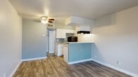 This single-floor unit offers a clean, functional layout with a cohesive design throughout. The main living area is open and airy, featuring wood-look plank flooring in a warm gray-toned finish that extends seamlessly across the entire space. Neutral gray walls provide a versatile backdrop, while a ceiling fan with a light fixture overhead ensures comfort and adequate illumination.

The kitchen is integrated into the living space via an open-concept design, anchored by a peninsula breakfast bar with a distinctive light blue accent panel — a standout design detail that adds a pop of color to the otherwise neutral palette. White shaker-style cabinetry lines the kitchen walls, complemented by granite-look countertops and a built-in range hood overhead. A white electric range and black refrigerator complete the kitchen's appliance package, and a single-basin sink with a window nearby provides natural light to the cooking area.

The entry area features a solid white door with sidelight windows, allowing additional natural light into the living space. A closet is conveniently located near the interior hallway.

The bathroom is well-appointed with a wide vanity featuring white shaker cabinets, granite-look countertops, a single undermount sink, brushed nickel fixtures, and a large mirror with integrated lighting. A separate shower-tub combination with clean white surrounds rounds out the bathroom's practical and tidy design.