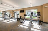 This single-floor fitness center is thoughtfully designed to provide a comprehensive workout environment. The space is organized into distinct functional zones, each catering to different aspects of physical training. Large windows line the walls throughout, flooding the interior with abundant natural light and offering pleasant views of the surrounding outdoor landscape, including greenery and the neighboring building exteriors.

The cardio zone is well-stocked with multiple treadmills, upright and recumbent stationary bikes, and an elliptical machine, each equipped with individual display screens. A wall-mounted flat-screen television adds an entertainment option for users during their workouts. Strength training is supported by a multi-station cable machine with a full weight stack, along with additional free-weight and resistance accessories.

A dedicated stretching and functional training area provides open floor space, complemented by a storage rack holding various fitness accessories. The flooring throughout features a patterned carpet with yellow and grey tones, adding a modern aesthetic to the space. The entryway corridor features the same carpet and includes a hand sanitizer dispenser and informational signage, ensuring a clean and welcoming arrival experience. Recessed and pendant lighting, combined with the expansive natural light, creates a bright and energizing atmosphere throughout.