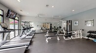 Located at 3868 Central Pike in Nashville, TN, this fitness center offers a well-organized and fully equipped workout facility on a single level. The space features durable rubber flooring throughout, providing a safe and functional surface for a wide range of exercises. A row of TRUE brand treadmills lines one side of the room, complemented by elliptical trainers and stationary recumbent bikes for comprehensive cardiovascular training. Strength training is supported by a multi-station cable machine, weight benches, and a rack of dumbbells to accommodate varying fitness levels. Full-wall mirrors span one side of the room, enhancing the sense of space while allowing users to monitor their form. Large windows along the exterior wall flood the space with natural light and offer views of the outdoor pool area, creating an energizing and open atmosphere. Two ceiling fans provide additional air circulation, contributing to a comfortable workout environment. Wall-mounted flat-screen televisions are positioned for easy viewing from cardio equipment. Recessed lighting ensures consistent illumination throughout the space, while motivational athletic photography adds character to the walls. The overall design is clean, practical, and conducive to an effective fitness experience.