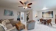 Located at 4010 Linkwood Dr in Houston, TX, this well-appointed 1-bedroom, 1-bathroom single-story residence offers a thoughtfully designed layout that maximizes every square foot. Throughout the main living areas, striking marble-look porcelain tile flooring provides a clean, polished aesthetic, while ceiling fans in both the living room and bedroom ensure year-round comfort.

The open-concept living and dining area forms the heart of the home. The living room offers generous seating space and is anchored by a ceiling fan with light fixture. A dedicated dining nook sits adjacent, framed by a built-in shelf accent wall that adds subtle architectural character. The galley-style kitchen is efficiently arranged with dark cabinetry, granite countertops, white subway tile backsplash, and a full suite of stainless steel appliances including a range, microwave, and refrigerator. A pantry provides additional storage.

The spacious primary bedroom features plush wall-to-wall carpeting, a ceiling fan, a natural light-filled window with exterior views, and access to multiple closets. The bathroom is crisp and clean, outfitted with marble-look tile flooring, a tub-shower combination with white subway tile surround, a granite-topped vanity, and dark cabinetry. Three closets throughout the unit offer ample storage for everyday living.