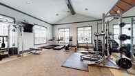 This fitness center is housed in a single-floor space distinguished by its dramatic vaulted ceilings with exposed beams and recessed lighting, creating an open and energizing atmosphere. Large, dark-trimmed windows line the walls, flooding the interior with natural light and offering views of the surrounding exterior grounds. A ceiling fan complements the bright, airy feel throughout the space.

The fitness floor is comprehensively outfitted to support a wide range of workout routines. Cardio equipment includes multiple treadmills by Life Fitness, an elliptical trainer, and a stationary cycling bike, all positioned to take advantage of the natural light from the windows. A wall-mounted flat-screen television provides entertainment during workouts.

The strength training area features a Hammer Strength power rack complete with barbells and weight plates, an adjustable bench, and a cable machine, all arranged on protective rubber floor mats. Full-length mirrors along one wall enhance the sense of space and allow for proper form checks during training.

A dedicated functional training zone offers an extensive rack stocked with medicine balls, stability balls, kettlebells, and resistance bands, supporting dynamic and varied workout options. Neutral-toned carpeting throughout the main floor area, combined with the light gray walls and dark crown molding accents, gives the fitness center a clean, modern, and professional aesthetic.