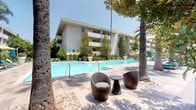 Located at 209 S Westmoreland Ave in the heart of Los Angeles, this outdoor amenity area offers a well-appointed resort-style experience within a multi-story residential community. The centerpiece is a generously sized swimming pool with crystal-clear blue water, flanked by a broad, tiled pool deck designed for both relaxation and socializing. The deck is furnished with a variety of seating options, including wicker lounge chairs with cushions, teal-colored chaise lounges, and shaded umbrella stations, providing comfortable spaces to enjoy the Southern California sunshine. Towering palm trees line the courtyard, creating a tropical ambiance that complements the warm Los Angeles climate. Additional mature trees and thoughtfully arranged planters with lush greenery and drought-tolerant plants add layers of shade and natural beauty throughout the space. A dedicated spa area with a domed canopy enclosure is also visible near the pool's edge. The surrounding multi-story building features clean, modern stucco facades with green accent details and open balconies. Accessible pathways and signage indicate ADA-compliant access to the community building. The overall atmosphere is bright, open, and resort-inspired, offering a serene outdoor retreat.