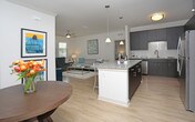 This 2-bedroom, 2-bathroom single-level residence combines modern design with functional living spaces. The open-concept kitchen serves as a central highlight, featuring dark espresso cabinetry that extends to the ceiling for ample storage, a classic white tile backsplash, and a generous granite countertop island that doubles as a breakfast bar. Stainless steel appliances — including a refrigerator, range, and microwave — provide a sleek, contemporary aesthetic. Pendant lighting above the island adds focused illumination and a stylish finishing touch, complementing the flush-mount ceiling light overhead. The kitchen flows seamlessly into the living areas, creating an inviting and connected layout well-suited for both daily use and entertaining. The two bedrooms offer comfortable retreats, while the two full bathrooms provide convenience for residents and guests alike. Clean white walls, modern fixtures, and consistent finishes throughout contribute to a cohesive and polished interior aesthetic. The single-floor layout ensures ease of movement and accessibility across all living spaces, making this a practical and attractive residence overall.