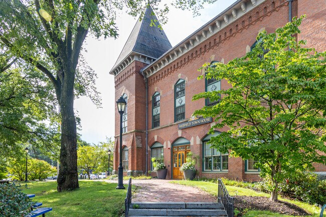 Medfield Town Hall displays its historic brick facade.