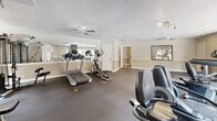 Located at 3500 Pelham Rd in Greenville, South Carolina, this fitness center is a well-appointed, single-floor facility divided into two interconnected exercise rooms. The main workout area is generously sized, featuring durable rubber flooring designed to withstand heavy equipment and high-traffic use. The space is outfitted with a comprehensive selection of cardio machines, including treadmills, ellipticals, and stationary bikes from brands such as TRUE Fitness, as well as multi-station strength training equipment. Large wall-mounted mirrors enhance the sense of space and allow users to monitor their form during workouts. The rooms are separated by elegant French doors with glass panes, allowing natural light to flow between the two areas while maintaining a sense of openness. Lighting is provided by a combination of ceiling fans, recessed lighting, and track lighting, ensuring the space is well-lit throughout. Neutral-toned walls and a textured ceiling contribute to a clean, functional aesthetic. Windows along the exterior walls allow natural light to filter in and offer views of the surrounding property. An adjacent room provides additional open floor space, suitable for stretching or floor exercises. The overall design prioritizes functionality and comfort for an effective workout environment.