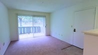 This single-floor residence offers a clean, functional layout designed for comfortable everyday living. The main living area is finished with wall-to-wall carpeting in a neutral tone, providing a soft and welcoming underfoot feel. A defining feature of this space is the full-width sliding glass door fitted with vertical blinds, which floods the room with an abundance of natural light and opens directly onto an outdoor balcony. The balcony provides a pleasant view of surrounding greenery, creating a seamless connection between the interior and the outdoors. The walls are finished in a crisp, clean white, contributing to the overall bright and airy atmosphere of the room. A textured ceiling adds subtle dimension overhead. The transition from carpet to tile near the sliding door marks a practical boundary between the indoor living space and the exterior access point. An interior door on the adjacent wall provides access to the rest of the unit, and standard electrical outlets are conveniently positioned along the walls. Overall, this space presents a straightforward and well-lit living environment with a functional design that emphasizes natural light and outdoor connectivity.