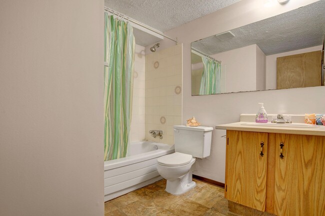 A bathroom with shower, tub, and a mirror above the sink - Kingsmere