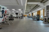 Located at 781 Spring St in Macon, GA, this fitness center is a comprehensive, single-floor facility designed to support a wide range of exercise and wellness activities. The space is divided into several distinct functional zones, each thoughtfully outfitted for its intended purpose.

The strength training area features bold golden-yellow accent walls and exposed concrete beam ceilings, lending an industrial-modern aesthetic. Large windows with roller shades line the perimeter, flooding the floor with natural light and offering views of the surrounding greenery. A robust selection of selectorized resistance machines and cable stations are arranged throughout this zone, complemented by rubber-fleck flooring for durability and safety.

An adjacent cardio area houses rowing machines, ellipticals, stair climbers, and treadmills, all positioned to take advantage of the natural light streaming through the oversized windows. The exposed structural ceiling in this section adds architectural character to the space.

A separate functional training area offers cycling bikes, stability balls, resistance bands, medicine balls, and exercise mats, organized beside frosted glass partitions that provide visual separation while maintaining an open feel.

The group exercise studio features smooth hardwood flooring, full-length mirrored walls, ceiling fans, mounted flat-screen televisions, and a sound system, making it ideal for group fitness classes or individual training. A vibrant running-themed mural adds an energetic, motivational touch to the broader facility.