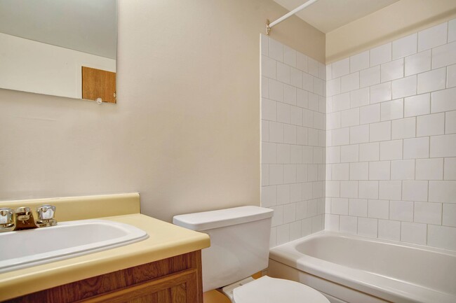 A bathroom with shower, tub, and mirror over the sink - Woodsmere