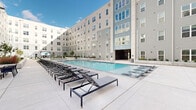 Located on Cumberland Avenue in Knoxville, Tennessee, this expansive outdoor amenity courtyard is enclosed by a multi-story residential building, creating a private, community-focused retreat. The centerpiece of the space is a large, resort-style swimming pool with crystal-clear blue water, bordered by an extensive sun deck lined with rows of modern black chaise lounges. Oversized white cube planters add decorative accents throughout the pool deck, complementing the clean, contemporary aesthetic.

Adjacent to the pool area, a well-maintained turf lawn provides a versatile open-air gathering space, anchored by a large mounted outdoor screen ideal for communal viewing events. The lawn is framed by raised concrete planter beds filled with lush ornamental grasses, shrubs, and young trees, offering a touch of natural greenery against the building's neutral grey siding and white-trimmed windows. String lights are strung overhead, adding ambiance for evening use.

A covered outdoor lounge area connects the pool deck to the building's interior access points, furnished with comfortable seating and rounded accent tables, providing a shaded transition zone. The entire courtyard is finished with smooth concrete hardscaping, ensuring clean sight lines throughout. The space is designed for active recreation and relaxed social gathering alike.