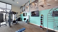 This fitness center combines thoughtful design with a comprehensive selection of equipment to support a wide range of workout routines. The space is characterized by soaring ceilings and expansive floor-to-ceiling windows along one wall, flooding the interior with natural light and offering views of the surrounding exterior. The open layout accommodates multiple workout zones without feeling cramped.

The strength training area includes a multi-station cable machine, a functional trainer rig, a leg press machine, a chest press machine, and a full rack of dumbbells neatly organized on tiered shelving beside a large wall mirror. Nearby, a dedicated functional training zone features kettlebells, medicine balls on a vertical rack, and stability balls, providing options for dynamic and cross-training exercises. Cardio equipment, including a stair climber, is positioned throughout the space.

Mounted flat-screen televisions provide entertainment during workouts. The aesthetic is enlivened by a striking teal accent wall adorned with oversized black-and-white vintage sports photography murals and motivational text, creating an upbeat and inspiring atmosphere. The flooring transitions between carpet tile and rubberized mat zones, delineating different workout areas while offering appropriate support underfoot.