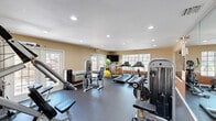 This 420 square foot fitness center is a well-designed space that caters to various workout needs. The room features a dark gray rubberized floor, providing excellent traction and shock absorption for exercise activities. The walls are painted in a warm beige tone with a contrasting orange wainscoting, creating a vibrant yet inviting atmosphere.

The space is illuminated by recessed lighting and benefits from natural light streaming through multiple French doors, enhancing the open feel of the room. These doors also offer potential outdoor views and access.

The gym is equipped with a comprehensive range of exercise machines, including treadmills, weight machines, and resistance training equipment. Colorful exercise balls and other fitness accessories are available, adding versatility to workout options. A wall-mounted TV provides entertainment or instruction possibilities.

A notable feature is the large mirror on one wall, useful for form checking during exercises. Adjacent to the main workout area, there's a connected lounge space visible through a large window, offering a rest area or additional functional space.

The layout is well-organized, allowing for efficient use of the available square footage while maintaining ample space for movement between equipment. This thoughtfully designed fitness center provides a conducive environment for a wide range of physical activities and exercise routines.