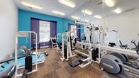 This fitness center is a single-floor facility designed to support a comprehensive workout experience. The space is visually distinctive, featuring bold teal and purple accent walls contrasted against crisp white ceilings and trim, creating an energetic and motivating atmosphere. The flooring throughout consists of durable cork or rubber tile in a warm, earthy tone, providing cushioning underfoot.

The strength training area is well-appointed with multiple white cable machines, a leg press, adjustable benches, and a rack of color-coded dumbbells and kettlebells. Stability balls and exercise mats are also available for functional training. A large floor-to-ceiling mirror runs along one wall, visually expanding the space and allowing users to monitor their form.

The cardio section is equipped with multiple treadmills, an elliptical trainer, and recumbent and upright stationary bikes. A wall-mounted television is positioned for viewing during cardio sessions. Several windows fitted with horizontal blinds allow natural light to filter in and offer outdoor views.

Access to the facility is through a set of French doors, and the entry area includes a fire extinguisher and safety signage. Overhead fluorescent lighting ensures consistent illumination throughout. The overall layout is efficient and organized, supporting both individual and varied workout routines.
