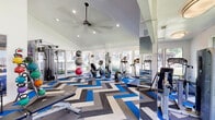 Located at 3801 North Belt Line Road in Irving, TX, this fitness center offers a thoughtfully designed single-floor exercise space. The room features soaring vaulted ceilings with recessed lighting and a ceiling fan, creating an open and airy atmosphere that enhances the workout environment. Large windows line the walls on multiple sides, flooding the space with natural light and offering views of the outdoor surroundings.

The exercise room is comprehensively equipped to support a wide range of fitness routines. Cardio equipment includes stationary bikes, treadmills, and elliptical machines, while strength training is well-represented with a cable machine, a multi-function weight station, adjustable benches, and a full rack of dumbbells. Functional training tools such as kettlebells in various weights, medicine balls, and stability balls round out the available equipment.

Full-length mirrors are strategically placed throughout the room, visually expanding the space and allowing users to monitor their form during workouts. Wall-mounted televisions provide entertainment during exercise sessions. The bold, chevron-patterned carpet in blue, gray, and white adds a modern, energetic aesthetic that complements the clean white walls and bright overall design of the space.