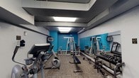 This single-floor fitness center is designed to support a comprehensive workout experience. The space is defined by bold blue accent walls that energize the environment, complemented by light grey painted concrete walls and a durable, patterned carpet flooring suited for high-traffic use. Bright flush-mounted ceiling lights illuminate the room effectively, while the exposed ceiling structure adds an industrial character to the overall aesthetic.

The strength training area is well-appointed with multi-station cable machines, a dedicated free weight rack stocked with a range of dumbbells, and a flat workout bench — providing ample options for resistance training. A Life Fitness stationary bike is prominently positioned for cardiovascular workouts, and additional cardio equipment is available to round out the offering.

A large mirrored wall runs along one side of the space, visually expanding the room and allowing users to monitor their form during exercise. The layout is thoughtfully organized to maximize usable floor space while maintaining clear pathways between equipment. Overall, this fitness center delivers a functional, motivating environment suitable for a variety of fitness routines, from strength and conditioning to cardio training.