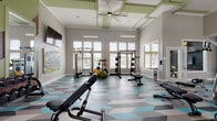Located at 14037 Benvolio Cir in Orlando, FL, this well-appointed fitness center offers a comprehensive workout environment designed for both performance and visual appeal. The single-floor facility is characterized by soaring ceilings with distinctive green-accented coffered details and ceiling fans, creating an airy, open atmosphere throughout.

The space is flooded with natural light from an abundance of tall, shuttered windows that line the walls, offering views of the surrounding Florida landscape including palm trees. The eye-catching geometric-patterned flooring in shades of teal, gray, and white adds a modern, energetic aesthetic that ties the entire space together.

Equipment is thoughtfully organized across multiple zones. The cardio area features treadmills, ellipticals, and a stationary bike, all positioned to face the bright windows. A dedicated strength training zone includes a multi-station cable machine, power rack, adjustable benches, and a full dumbbell rack with a large mirror for form monitoring. Additional functional training equipment includes medicine balls, stability balls, kettlebells, and a stair climber.

Practical amenities include a wall-mounted flat-screen TV, a built-in wooden storage bench with cubbies, a key/lock panel, and direct outdoor access through a glass-paned door. Colorful artwork adorns the walls, complementing the vibrant, motivating ambiance of this modern community fitness facility.