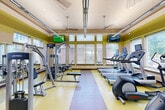 Located at Potomac Heights in Woodbridge, Virginia, this fitness center offers a well-appointed, single-floor exercise room designed to support a comprehensive workout experience. The space features soaring ceilings with large ceiling fans that promote airflow throughout, while abundant natural light pours in through multiple windows fitted with blinds along the perimeter walls. The interior is finished with a vibrant yellow-green accent wall framed by a neutral upper band, giving the room an energetic and motivating atmosphere. Durable, multi-toned rubberized flooring spans the entire area, providing both safety and comfort underfoot. The cardio zone is lined with a row of treadmills and elliptical machines, each equipped with individual TV screens and positioned to face the natural light from the windows. The strength training area houses a comprehensive selection of Life Fitness cable and resistance machines arranged throughout the floor, accommodating a wide range of muscle groups. A dedicated free weights section features a full rack of dumbbells and kettlebells displayed in front of floor-to-ceiling mirrors, allowing users to monitor their form. Wall-mounted televisions and overhead linear lighting ensure the space remains functional and engaging throughout the day, making this fitness center a thoroughly equipped facility for residents.