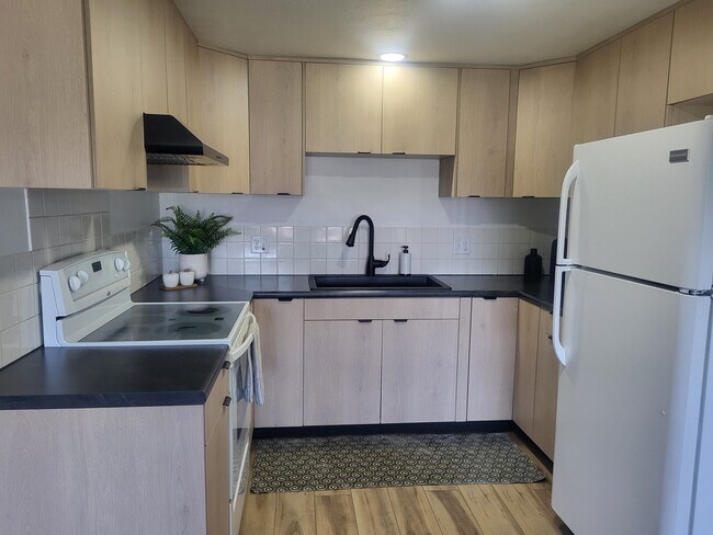 Cocina recién reformada, incluyendo armarios, campana extractora, fregadero/grifo, iluminación y suelo. - 941 Buena Vista Dr