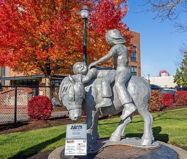 The sculpture “Pony Play” by artist Cordelia Bradburn is one of Downtown Puyallup’s many works of art