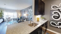 This single-floor 1-bedroom, 1-bathroom unit showcases a thoughtfully designed open-concept layout that seamlessly connects the kitchen and living areas. The kitchen is a standout feature, equipped with rich dark cabinetry that contrasts elegantly against the speckled granite countertops. A stainless steel sink is positioned along the peninsula, which doubles as a breakfast bar and creates a natural divide between the kitchen and living space. Under-cabinet lighting adds both functionality and ambiance, while a tile backsplash contributes a clean, polished look. Stainless steel appliances complete the kitchen's contemporary aesthetic. The living area, visible from the kitchen, features an accent wall in a bold gray tone, adding depth and visual interest to the space. Natural light filters in through a window dressed with white curtains, brightening the room. Wood-style flooring runs throughout, providing warmth and continuity across the open floor plan. The overall design balances modern style with practical living, making this unit an attractive and functional space.
