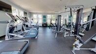 This single-level fitness center offers a comprehensive workout environment designed to support a wide range of exercise routines. The space is bright and inviting, with large windows lining multiple walls that flood the interior with natural light and provide views of the surrounding greenery and landscaping. The light blue-toned walls and recessed ceiling lighting contribute to a clean, energizing atmosphere throughout.

The cardio zone is well-stocked, featuring multiple treadmills and Precor elliptical machines positioned along the windowed walls, alongside a mounted flat-screen television for entertainment during workouts. The strength training area includes a multi-functional cable machine system and a weight bench, offering options for a variety of resistance exercises. A full-length mirror spans one wall, enhancing the sense of space and allowing users to monitor their form.

The free weights section provides a complete rack of dumbbells in graduated sizes, accompanied by a stability ball, medicine balls, and an adjustable weight bench — ideal for functional and free-weight training. The durable rubberized flooring throughout ensures safety and comfort during exercise. The space is finished with teal accent artwork on the walls, adding a contemporary touch to the overall design. A dedicated entry door provides convenient access to the facility.