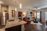 This single-floor, two-bedroom, two-bathroom residence combines modern design with thoughtful functionality. The entry hallway sets an artistic tone, featuring bold wall art and a decorative sculpture, with framed pieces lining the opposite wall and wood-look flooring extending throughout the main living areas.

The kitchen is a standout feature, equipped with stainless steel appliances including a refrigerator, electric range, and built-in microwave. Dark espresso cabinetry pairs with a granite-topped island that offers seating and an integrated sink, while a subway tile backsplash and pendant lighting complete the contemporary aesthetic. The space flows naturally into the living room, which is brightened by windows and fitted with a ceiling fan.

Both bedrooms are carpeted and include ceiling fans and closets. The primary bedroom features a warm accent wall and a walk-in closet with wire shelving. The second bedroom offers a standard closet and natural light. Each bathroom includes a tub-shower combination with tile surround, with the primary bath showcasing dark cabinetry, granite countertops, and wood-look flooring.