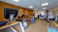 This fitness center offers a comprehensive workout environment designed to support a variety of exercise routines. The space is anchored by a bold burnt-orange accent wall, which adds warmth and energy to the room, complemented by neutral carpeted flooring and a suspended ceiling with recessed panel lighting that ensures consistent, even illumination throughout.

The cardio section is well-appointed with a lineup of True-brand equipment, including a recumbent bike, an upright cycle, and multiple elliptical machines, providing options for low-impact and moderate-intensity cardiovascular training. Along the far wall, a dedicated strength and free weights area features a rack of dumbbells in varying sizes, medicine balls, and a weight bench, offering users the tools needed for resistance training.

Decorative framed artwork on the accent wall adds a polished touch, reinforcing that the space is thoughtfully designed and not purely utilitarian. Natural light filters in through a window near the strength area, brightening the room further. The layout allows for comfortable movement between equipment zones, making the fitness center both functional and welcoming for daily use.