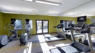 This fitness center offers a bright, functional workout environment designed to support an active lifestyle. The space is defined by bold chartreuse accent walls that energize the room, complemented by crisp white ceilings fitted with recessed and panel lighting for consistent illumination throughout. Large windows and a set of glass-panel double doors flood the interior with natural light and provide views of an outdoor area, creating an open, welcoming atmosphere.

The flooring features a patterned, multi-tone tile layout that adds visual interest while providing a durable surface suited for exercise. A full-length wall mirror on one side of the room enhances the sense of space and allows users to monitor their form during workouts.

The cardio equipment selection includes treadmills and an elliptical trainer, each outfitted with individual monitor screens for entertainment or workout tracking. The layout is thoughtfully arranged to allow comfortable spacing between machines. The combination of natural light, reflective surfaces, and vibrant wall color gives the fitness center a motivating and modern ambiance well-suited for daily use.