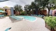 This outdoor amenity space centers around a large freeform swimming pool with clear turquoise water, bordered by a spacious concrete pool deck. Numerous teal-upholstered lounge chairs are arranged along the perimeter, offering ample room for sunbathing and relaxation. Stainless steel entry railings provide safe pool access, and posted pool rules ensure an organized environment for all users.

Adjacent to the pool, a covered patio area features multiple dining tables equipped with teal umbrellas and coordinating chairs, creating a shaded outdoor social space suitable for gatherings. A pergola-style structure with additional seating is visible nearby, further expanding the outdoor entertaining options.

The pool area is fully enclosed by a black iron fence with brick pillar accents, providing both security and an attractive boundary. Established mature trees surround the space, offering natural shade and a sense of privacy while softening the overall aesthetic. Manicured landscaping beds with shrubs and groundcover line the fence line, adding greenery throughout.

The surrounding residential buildings feature classic brick exteriors with balconies and exterior stairways, contributing to a cohesive courtyard-style atmosphere. Overall, the space is well-appointed, functional, and designed to support an active outdoor lifestyle.