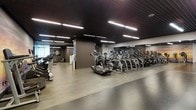 This contemporary fitness facility is designed to deliver a premium workout experience in a polished, professional environment. The main cardio floor is expansive and open, lined with rows of high-end ellipticals and other cardio machines arranged for easy access and optimal use of space. The flooring is a light-toned hardwood-style surface that adds warmth and contrast to the otherwise sleek, modern aesthetic.

Overhead, a dark slatted ceiling with recessed linear lighting creates a sophisticated, gym-like ambiance while ensuring the space is well-lit throughout. Full-length mirrors line one wall, amplifying the sense of depth and space while allowing users to monitor their form during workouts. The neutral, muted color palette of grays and dark tones throughout the walls and fixtures contributes to a focused, distraction-free atmosphere.

Toward the back of the facility, a separate lounge or reception area is visible, furnished with seating and offering a transition zone for members. The overall layout is thoughtfully designed with clear sightlines and ample room between equipment, ensuring comfort and safety for all users. This fitness center combines function and design seamlessly, making it a standout facility for health and wellness.