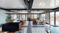 This thoughtfully designed single-floor lounge space makes a striking first impression with its bold, blue-and-white botanical wallpaper wrapping continuously around the interior, lending the entire space a cohesive, resort-inspired aesthetic. High-gloss white ceilings with dark structural beams reflect natural light throughout, while large black-framed windows on multiple sides frame expansive urban skyline views, flooding the interior with daylight.

The layout is organized into several distinct zones that flow seamlessly into one another. A curved wooden bar with a marble countertop serves as a central anchor, ideal for casual gatherings. Adjacent to it, a lounge area features a warm cognac leather sofa, wooden armchairs, and a geometric coffee table atop a striped blue area rug. A separate media lounge offers deep navy sofas, a large wall-mounted television, and a media credenza for relaxed viewing.

A dining nook with a round dark table and bentwood chairs sits beside glass doors that open to an outdoor terrace, where additional seating is available. A pool table occupies its own dedicated area, adding a recreational element. Intricate mosaic tile flooring with a cross-pattern detail ties the zones together, completing this well-appointed communal space.