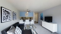 This single-floor residence offers a thoughtfully designed open-concept layout that seamlessly connects the living and kitchen areas. The living room is centered around plush carpeted flooring and features a comfortable black leather sofa, a sleek glass-top coffee table, and a media console with a flat-screen TV. A ceiling fan with an integrated light fixture anchors the room overhead, while framed wall art adds a personal, curated touch to the space.

The kitchen is defined by a raised breakfast bar with two contemporary bar stools, providing a casual dining option that opens directly to the living area. Stainless steel appliances and clean white cabinetry contribute to a modern, functional aesthetic, while a bold blue accent wall adds a striking visual contrast.

A hallway visible from the main living space leads to additional rooms, suggesting a practical and well-organized floor plan. The neutral color palette — comprising soft grays, whites, and cool blues — creates a calm and cohesive ambiance throughout. Overall, the space balances modern design with everyday comfort, making it both visually appealing and highly livable.