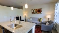 This single-floor space showcases an open-concept layout that connects the kitchen and living area in a cohesive, functional design. The kitchen features a standout granite countertop with a speckled finish, housing a stainless steel undermount sink equipped with a sleek, high-arc pull-down faucet. A pendant light fixture hangs above, casting warm, focused light over the kitchen workspace and adding a modern touch to the overall design.

The transition into the living area is smooth and unobstructed, creating a sense of openness throughout the space. The living area is anchored by a contemporary gray sofa accented with colorful throw pillows in green, yellow, and patterned designs, paired with a matching chair. A rich, deep-red area rug adds warmth and contrast against the hardwood-style flooring. A floor lamp provides ambient lighting alongside the pendant fixtures, while a flat-screen television is positioned on a low-profile media console against the wall. Decorative wall art featuring bold floral motifs adds a vibrant focal point to the space. The overall ambiance is modern, welcoming, and thoughtfully curated.