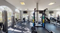 Located at 3880 W Broward Blvd in Plantation, Florida, this fitness center serves as the workout facility for The Pearl Apartments. The space is housed in a single-floor building and is accessed through elegant glass-paneled double doors bearing the community's signature branding, opening into a light-filled, tiled entryway. Inside, the gym is defined by its airy, open layout with white walls, vaulted ceilings, and an abundance of natural light streaming through large arched windows that offer views of the surrounding greenery. The rubber-floored main workout area is comprehensively equipped for both strength and cardio training. Strength equipment includes a power rack loaded with color-coded bumper plates, a full dumbbell rack, multiple selectorized cable and weight machines, adjustable benches, and battle ropes. Cardio options include treadmills and elliptical trainers positioned along the windowed walls. A dedicated Functional Training Zone is clearly marked along a bold navy blue accent wall, outfitted with resistance bands, suspension trainers, medicine balls, and additional functional fitness accessories. Full-length mirrors line one wall, enhancing the sense of space and allowing users to monitor their form. Wall-mounted flat-screen TVs and recessed lighting round out the well-designed, professionally maintained facility.