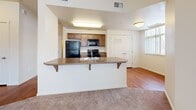 Located at 10405 Vienna St in Parker, CO, this single-floor, one-bedroom, one-bathroom unit offers a well-organized and functional layout. The open-concept living, dining, and kitchen area serves as the heart of the home, where warm hardwood-style flooring flows throughout the kitchen and dining space. The kitchen is equipped with medium-toned wood cabinetry, black appliances including a refrigerator, microwave, and range, and a peninsula breakfast bar with a double sink — ideal for casual dining and meal prep. The living area features plush carpeting and is bathed in natural light through a sliding glass door with vertical blinds that opens to an outdoor space, complemented by an additional window with exterior views. The bedroom is a comfortable retreat with soft carpeting, a ceiling fan, and a window that allows ample natural light. Two closets provide generous storage throughout the unit. The bathroom is clean and straightforward, featuring a full tub-shower combo, hardwood-style flooring, and a vanity with warm wood cabinetry. A dedicated laundry area adds everyday convenience. The unit's neutral color palette and practical design create a bright, inviting atmosphere throughout.