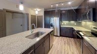 This single-floor residence in Grand Prairie, Texas, showcases a contemporary design with a cohesive blend of dark and light finishes throughout. The kitchen serves as a central highlight, featuring rich dark cabinetry that extends to the ceiling for ample storage, granite countertops, and a large island with a deep single-basin sink illuminated by pendant lighting. Stainless steel appliances, including a French door refrigerator, electric range, microwave, and dishwasher, complement the sage green subway tile backsplash. Track lighting and under-cabinet illumination enhance the kitchen's functionality. Light wood-look flooring extends through the kitchen and into the open living area, which benefits from large windows that invite natural light. The bedrooms are carpeted for comfort and served by generous closet space, including walk-in closets with built-in shelving and dedicated hanging rods. Additional side-by-side closets provide further storage flexibility. The bathrooms mirror the kitchen's aesthetic with dark vanity cabinetry, granite-topped counters, large mirrors, and light wood-look tile flooring, creating a clean, modern atmosphere throughout the space.