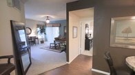 This single-story space showcases a thoughtfully arranged layout with clearly defined zones visible from a central hallway. The entryway and hallway feature rich hardwood-style flooring that creates a clean transition between rooms. A bold dark brown accent wall frames the passage, adding depth and contrast against the lighter surrounding walls.

The living area is finished with plush carpeting and features soft blue-toned walls, contributing to a calm and inviting atmosphere. A ceiling-mounted light fixture provides ambient illumination, while a large window dressed with a fabric valance and vertical blinds allows natural light to fill the space. The room comfortably accommodates both a seating arrangement centered around a coffee table and a dining area with a table and chairs, demonstrating versatile functionality.

An adjoining room, visible through the hallway, features additional carpeted flooring and is accented with framed wall art and a tall decorative lamp, suggesting a bedroom or secondary living space. The overall design balances neutral tones with selective use of darker accent colors, creating a cohesive and well-structured interior throughout the home.